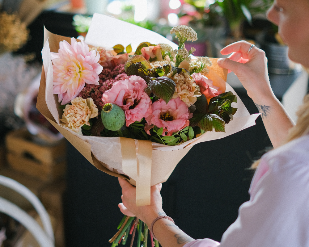 Wild flowers pink & gold bouquet, wrapped on artisan paper